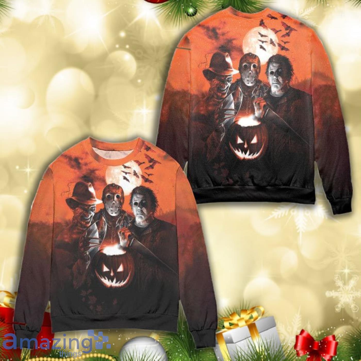 Scary Halloween Horror Characters Knitting Pattern 3D Ugly Christmas Sweater Product Photo 1