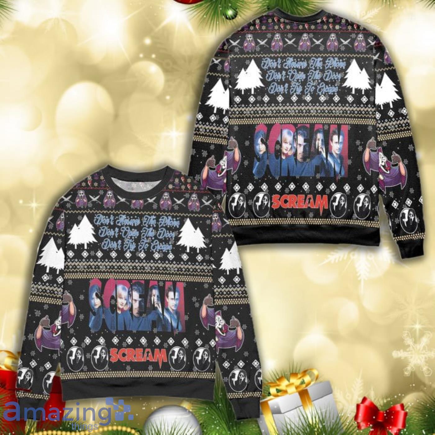 Scream Dont Answer The Phone Pine Tree Knitting Pattern 3D Ugly Christmas Sweater Product Photo 1