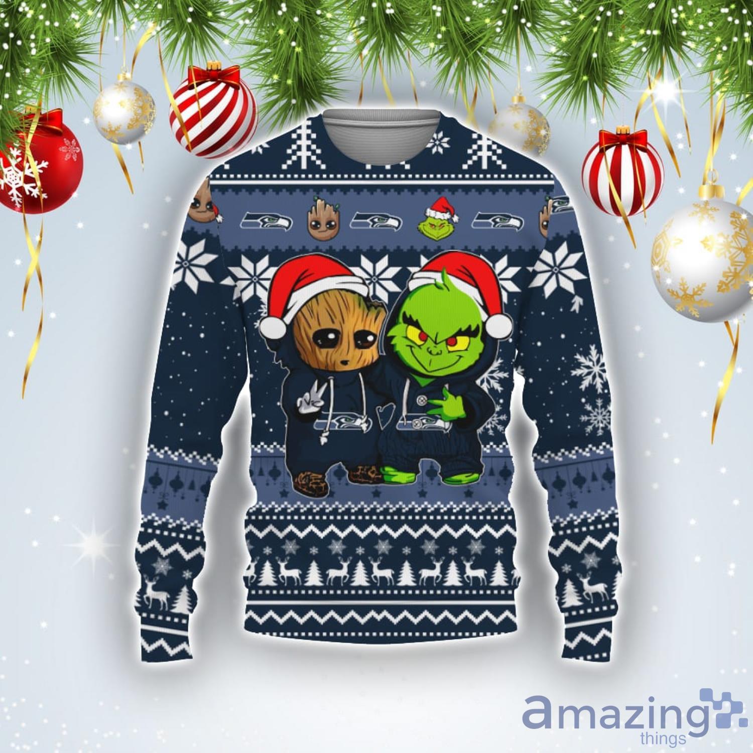 Seattle Seahawks Baby Groot And Grinch Best Friends 3D Ugly