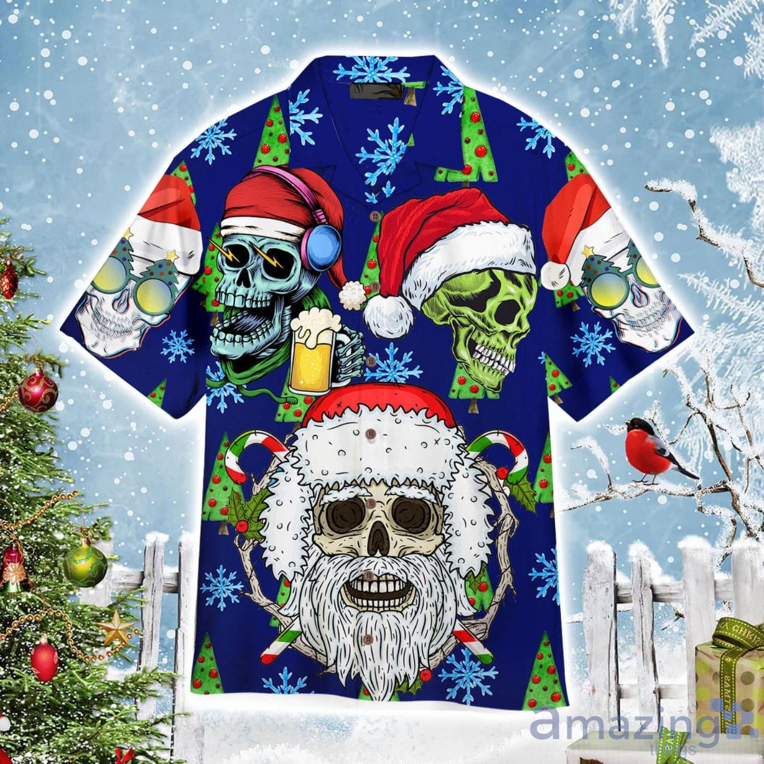 Skull Christmas Loves Beer Aloha Cute Christmas Gift Cute Christmas Gift Hawaiian Shirt Product Photo 1