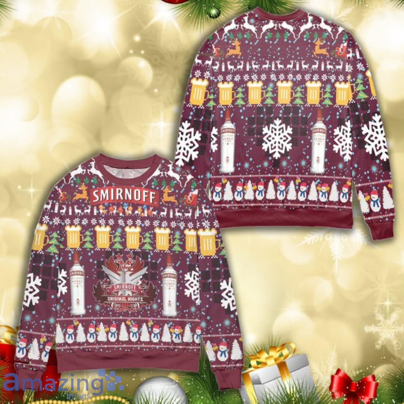 Smirnoff Vodka Snowman Pine Tree Christmas Pattern Full Print Ugly Sweater Product Photo 1