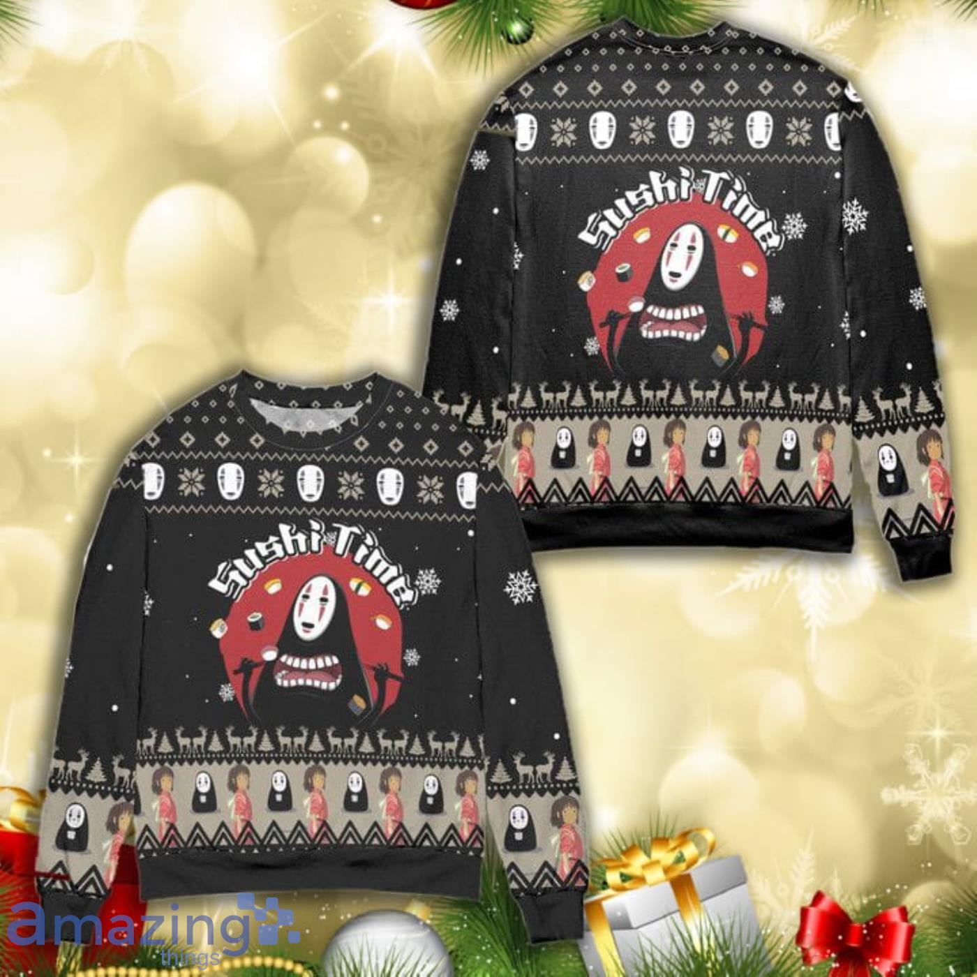 Spirited Away Kaonashi Sushi Time Knitting Pattern 3D Ugly Christmas Sweater Product Photo 1