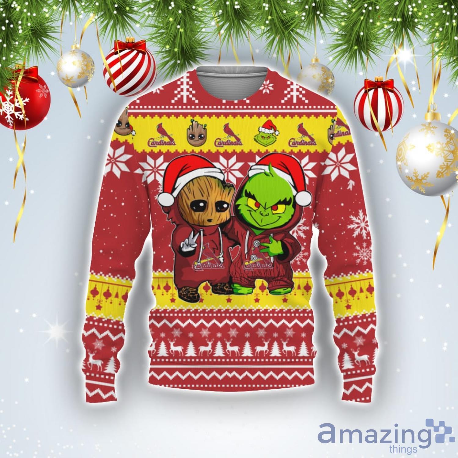 St. Louis Cardinals Baby Groot And Grinch Best Friends Football American Ugly Christmas Sweater Product Photo 1