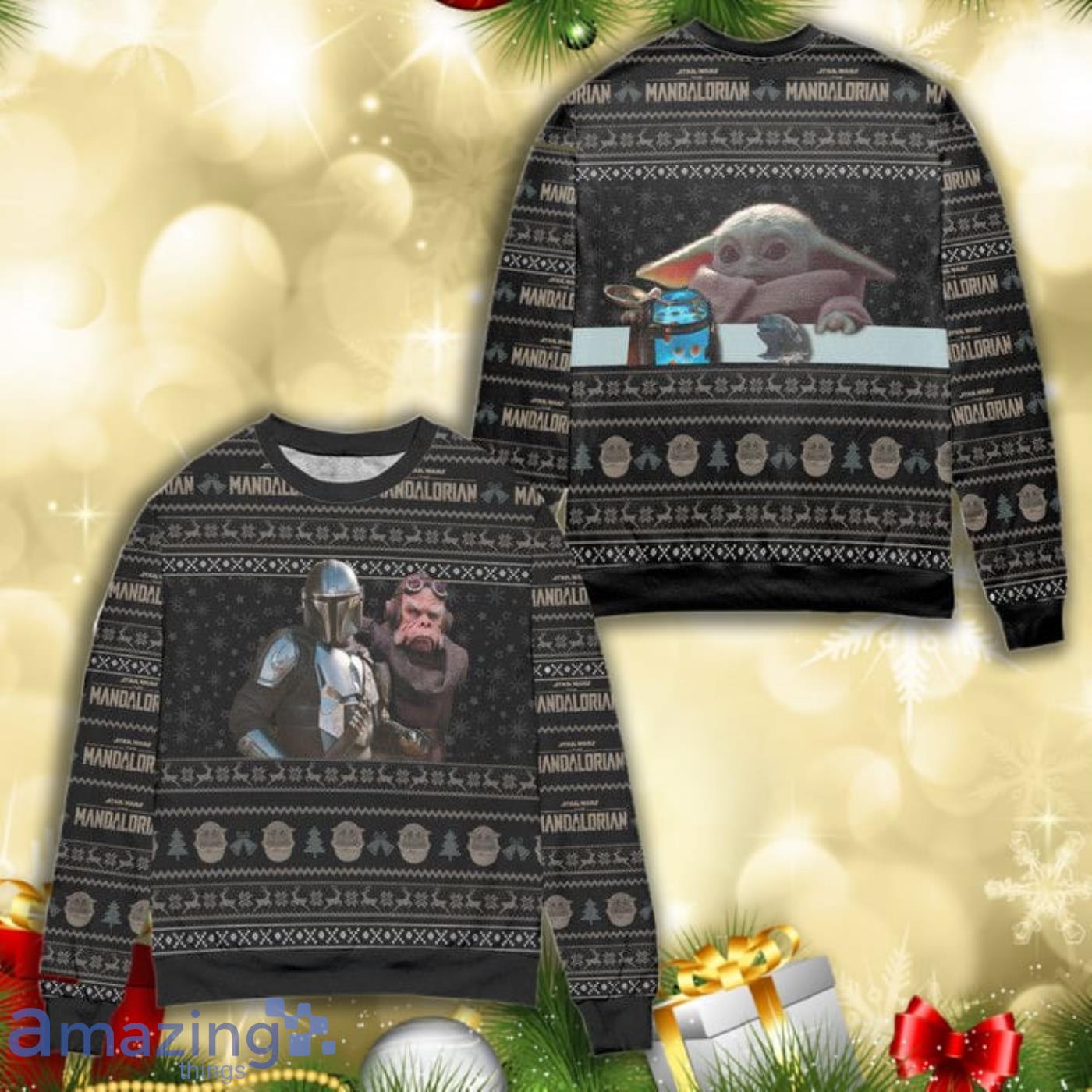 Star Wars Mandalorian Baby Yoda Snowflake Christmas Pattern Full Print Ugly Sweater Product Photo 1