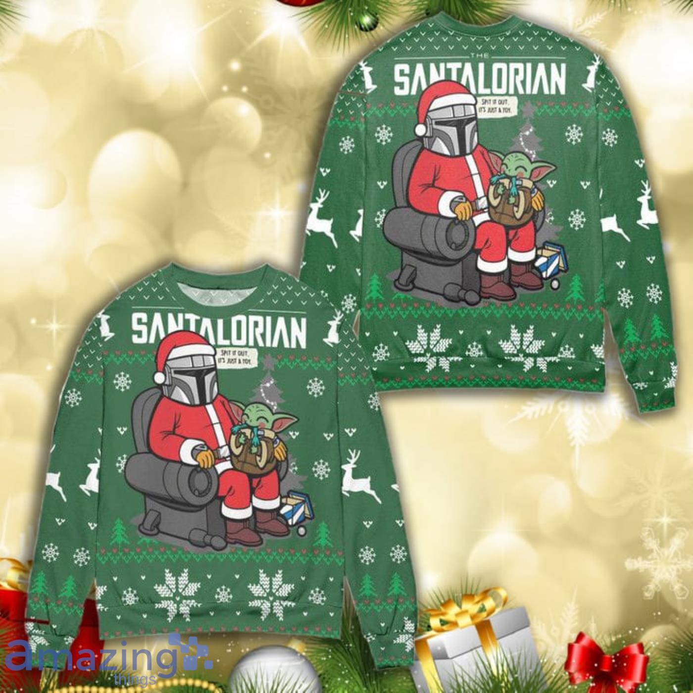 Star Wars Santalorian Baby Yoda Snowflake Knitting Pattern 3D Ugly Christmas Sweater Product Photo 1