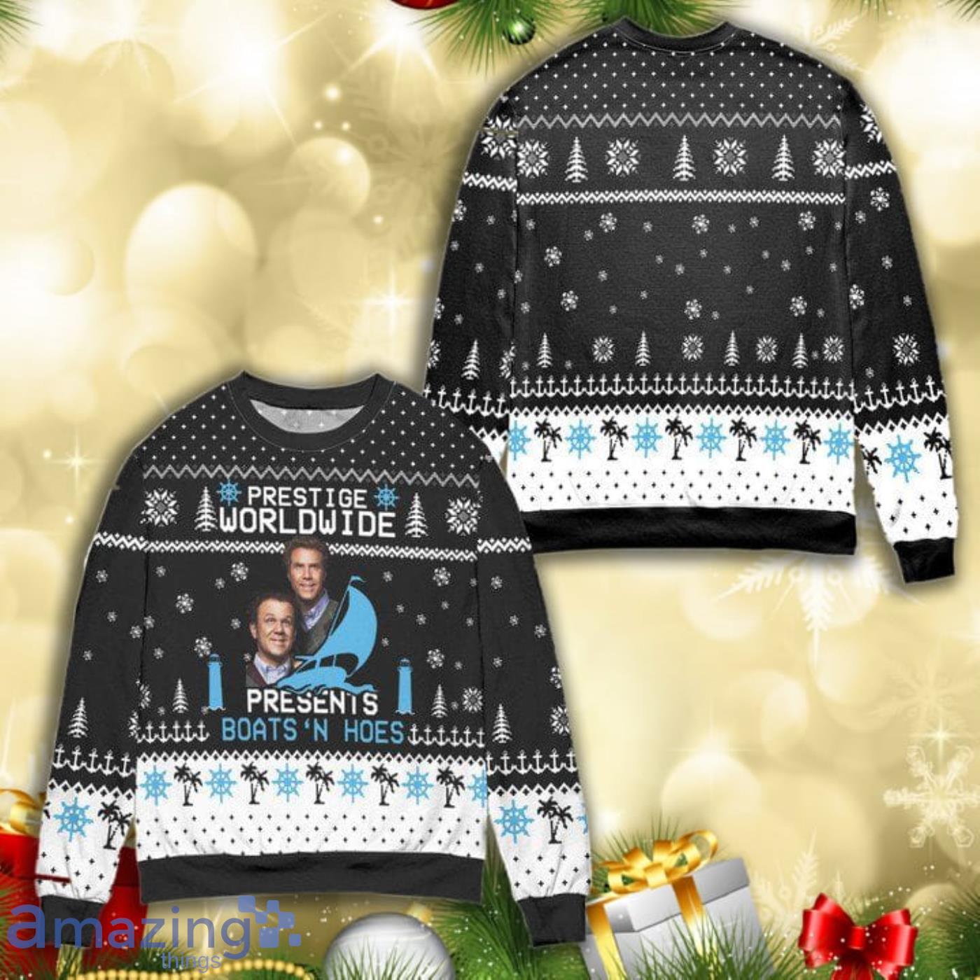 Step Brothers Prestige Worldwide Presents Boats Black Knitting Pattern 3D Ugly Christmas Sweater Product Photo 1