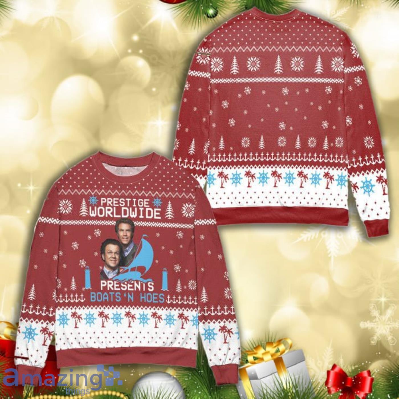 Step Brothers Prestige Worldwide Presents Boats N Hoes Knitting Pattern 3D Ugly Christmas Sweater Product Photo 1