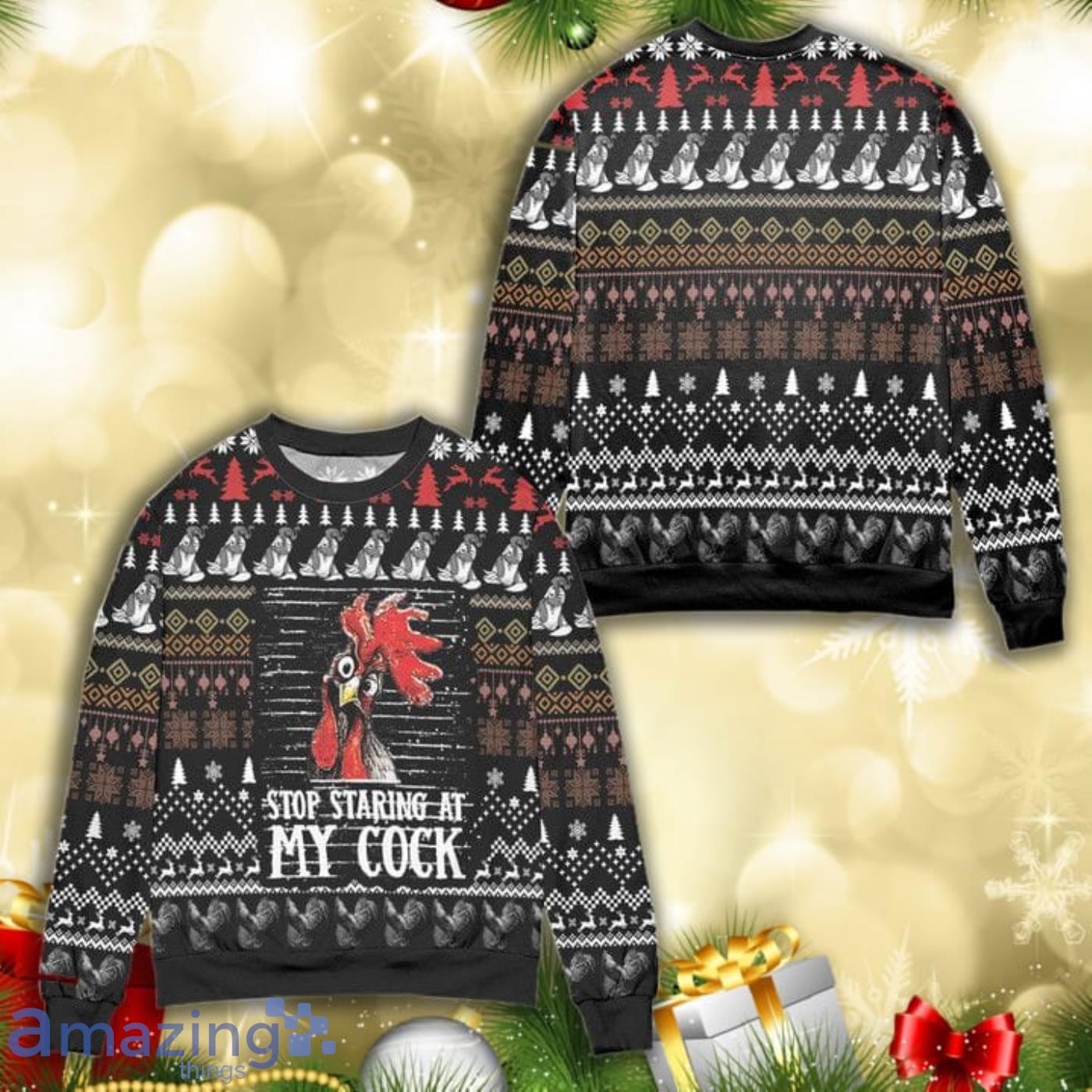 Stop Staring At My Cock Pine Tree Christmas Pattern Full Print Ugly Sweater Product Photo 1