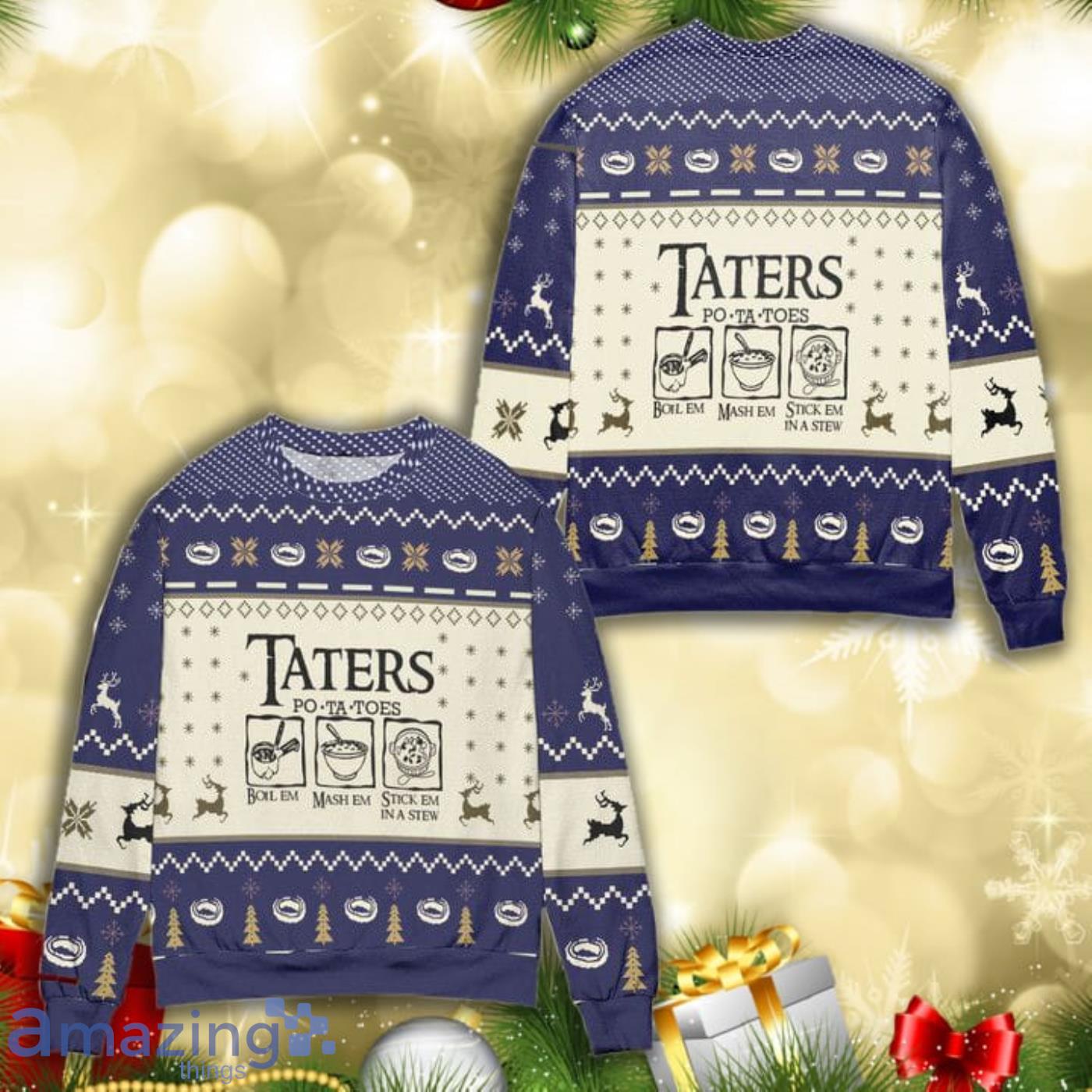 Taters Potatoes Recipe Pine Tree Reindeer Christmas Pattern Full Print Ugly Sweater Product Photo 1