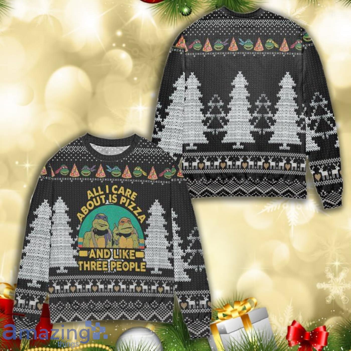 Teenage Mutant Ninja Turtles All I Care About Is Pizza Pine Tree Knitting Pattern 3D Ugly Christmas Sweater Product Photo 1
