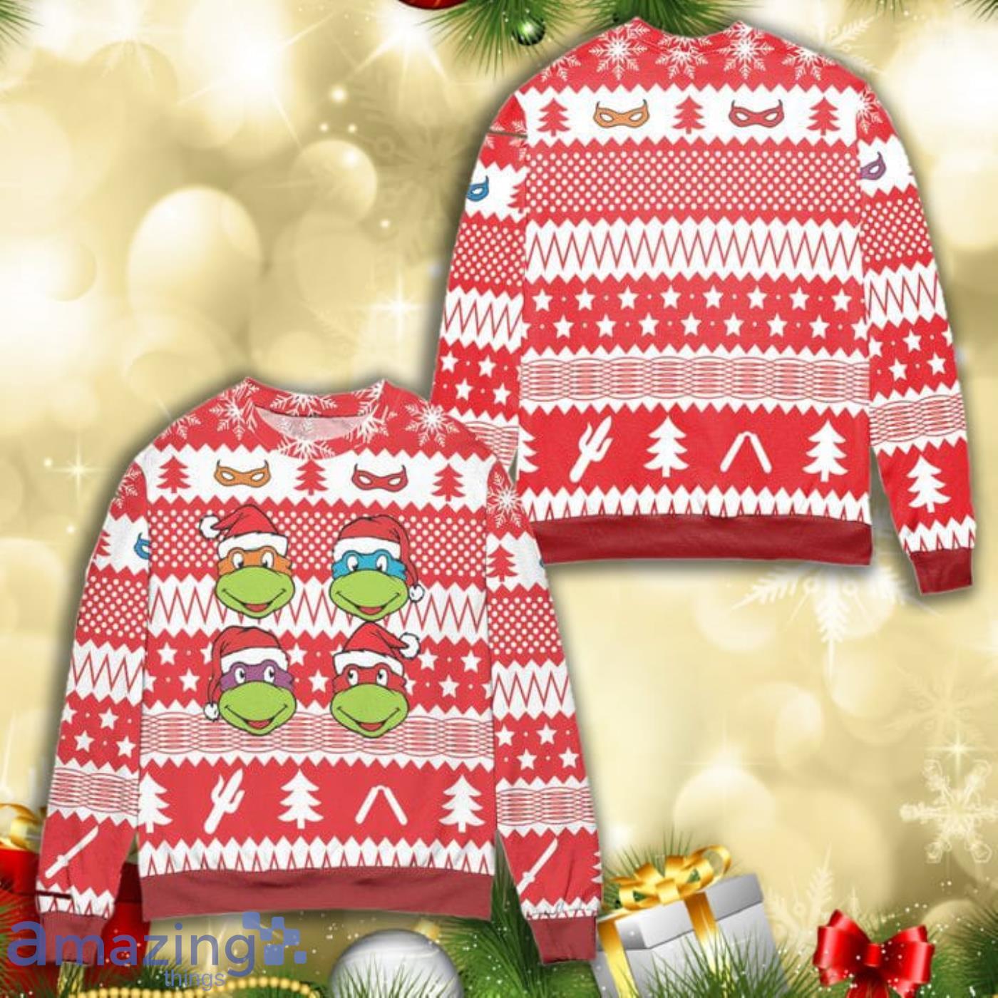 Teenage Mutant Ninja Turtles Pine Tree And Stars Knitting Pattern 3D Ugly Christmas Sweater Product Photo 1
