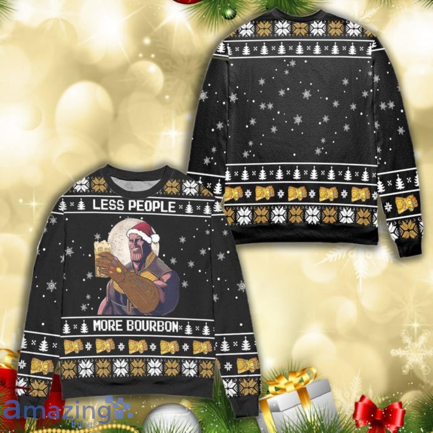 Thanos Less People More Bourbon Snowflake Knitting Pattern 3D Ugly Christmas Sweater Product Photo 1