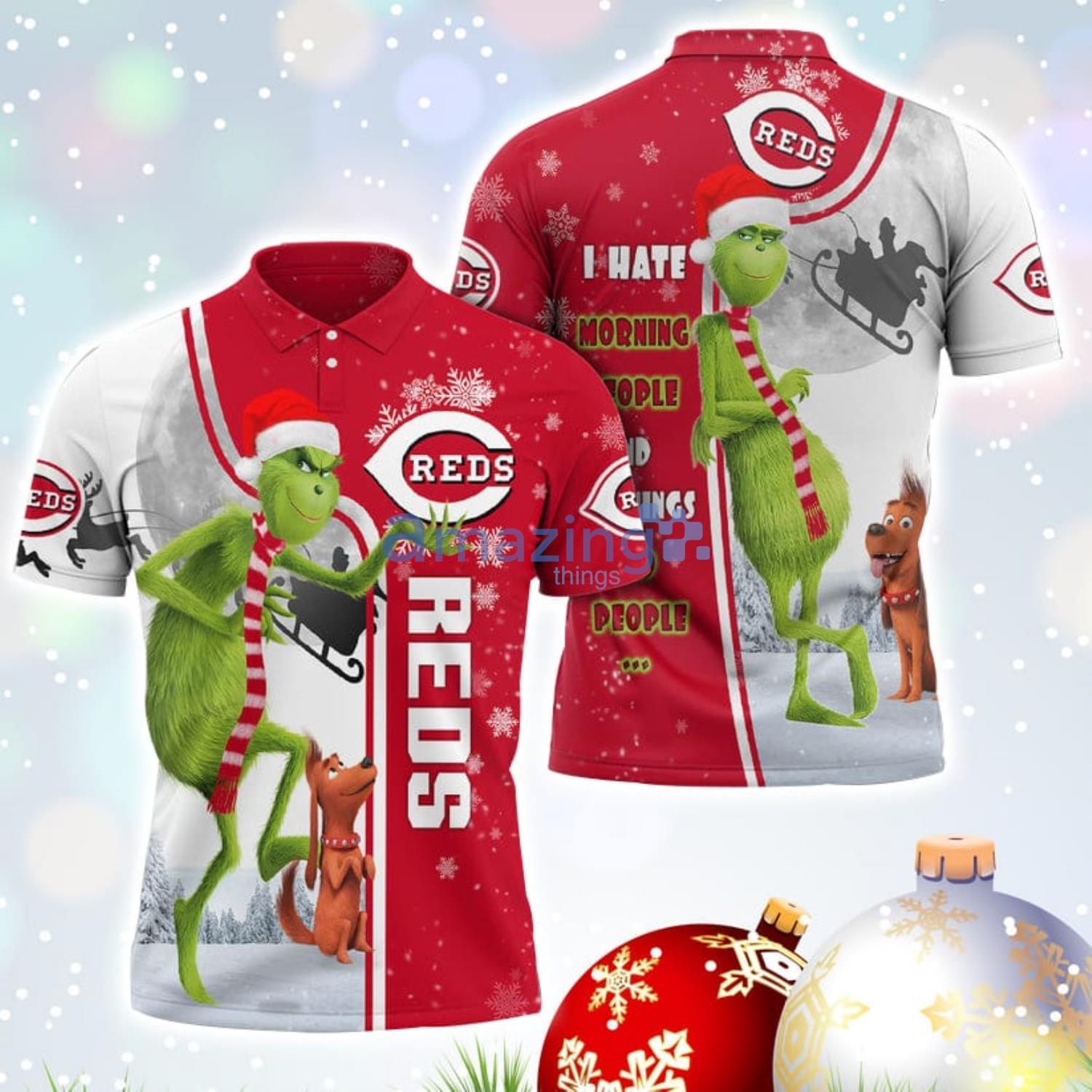 The Grinch Cincinnati Reds MLB I Hate Morning People Christmas Gift Polo Shirt Product Photo 1