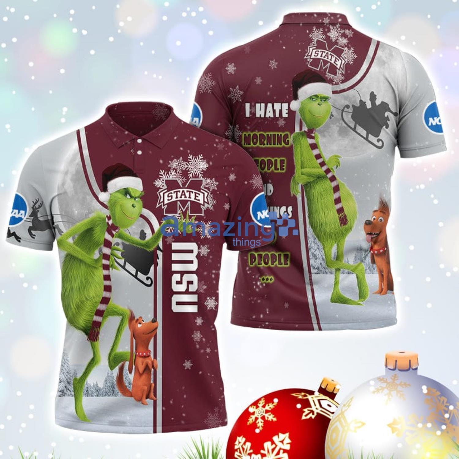 The Grinch Mississippi State Bulldogs NCAA I Hate Morning People Christmas Gift Polo Shirt Product Photo 1