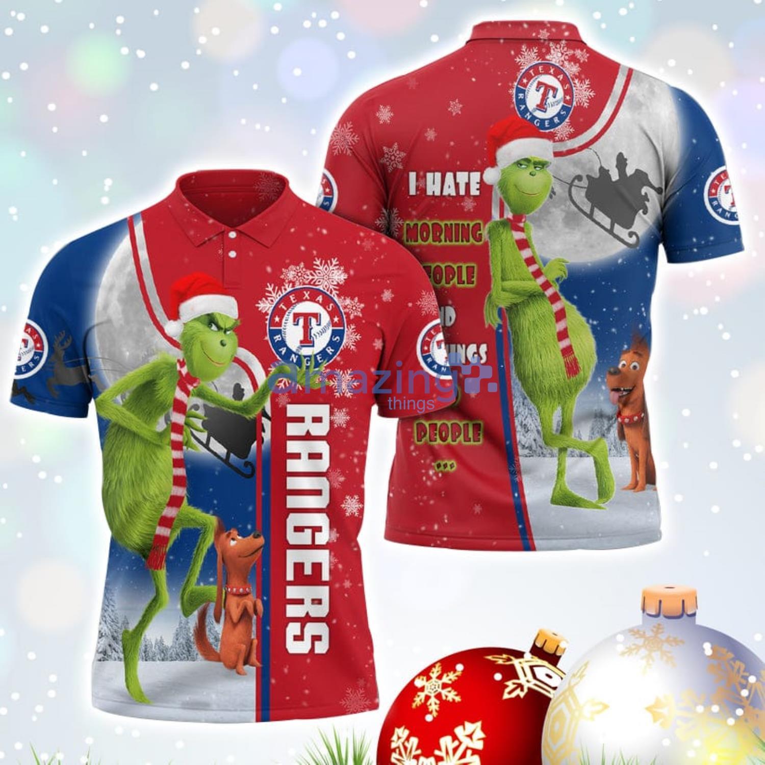 The Grinch Texas Rangers MLB I Hate Morning People Christmas Gift Polo Shirt Product Photo 1