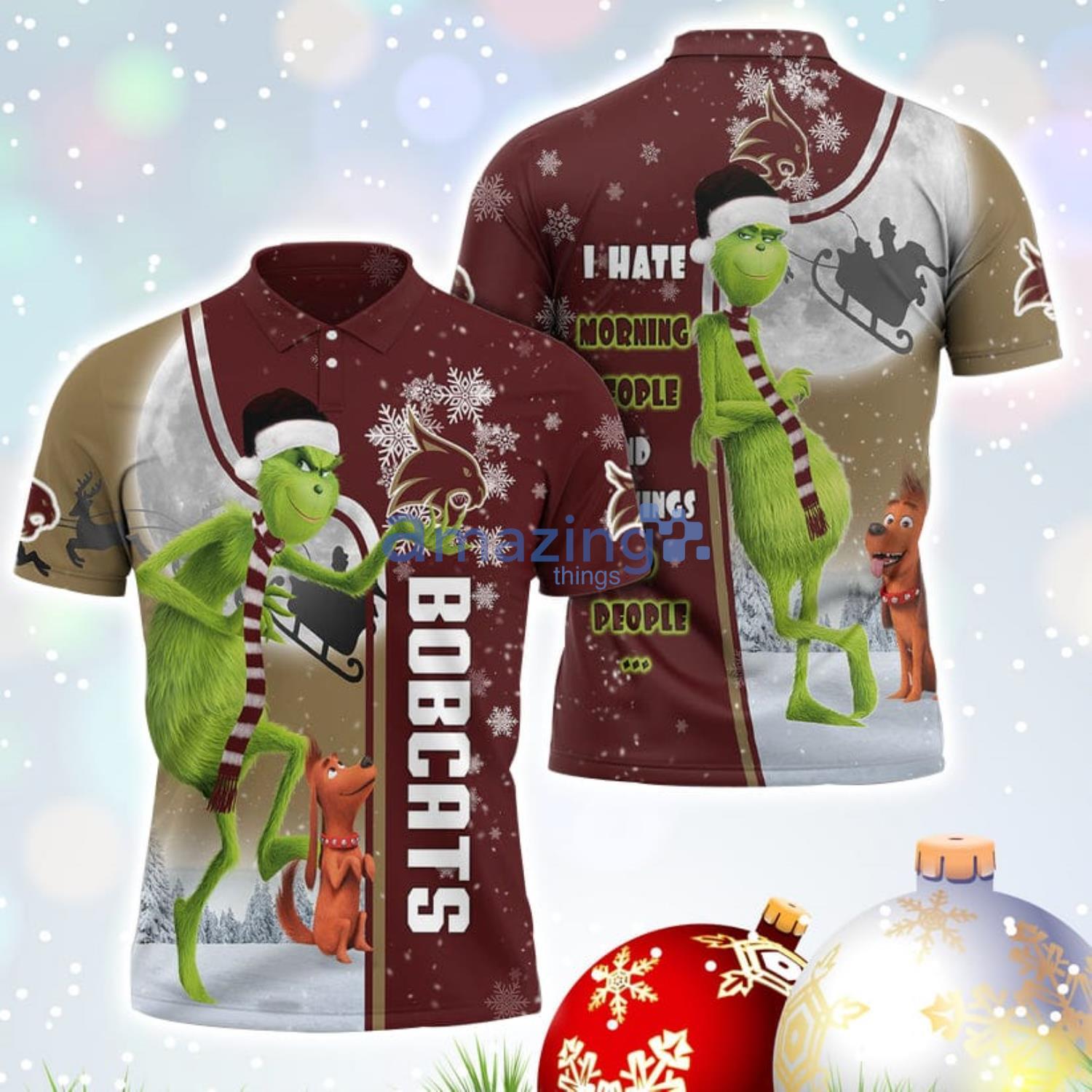 The Grinch Texas State Bobcats NCAA I Hate Morning People Christmas Gift Polo Shirt Product Photo 1