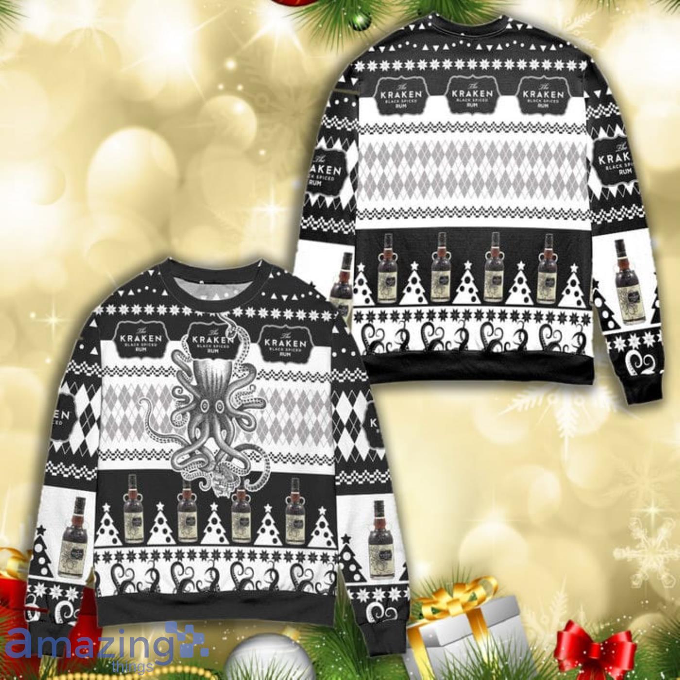 The Kraken Spiced Rum Argyle Christmas Pattern Full Print Ugly Sweater Product Photo 1