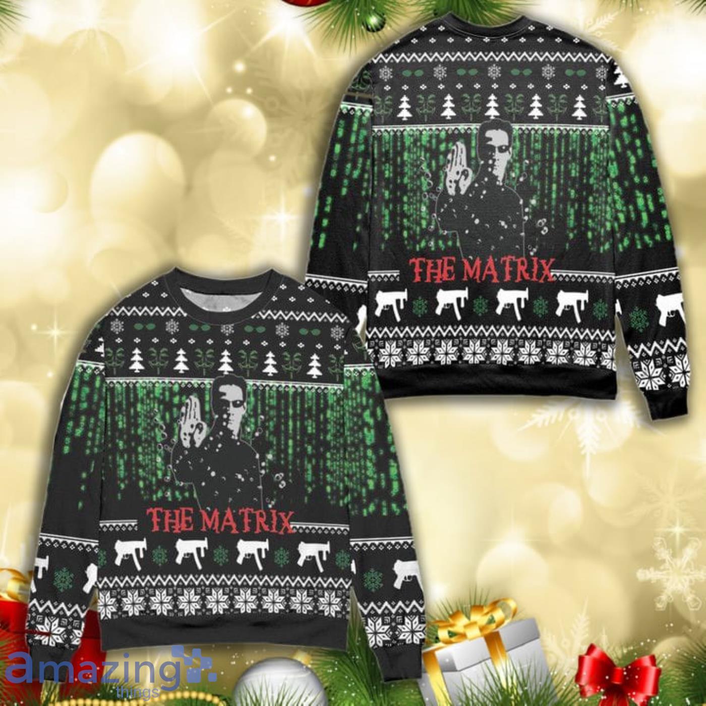 The Matrix Snowflake Pine Tree Christmas Pattern Full Print Ugly Sweater Product Photo 1