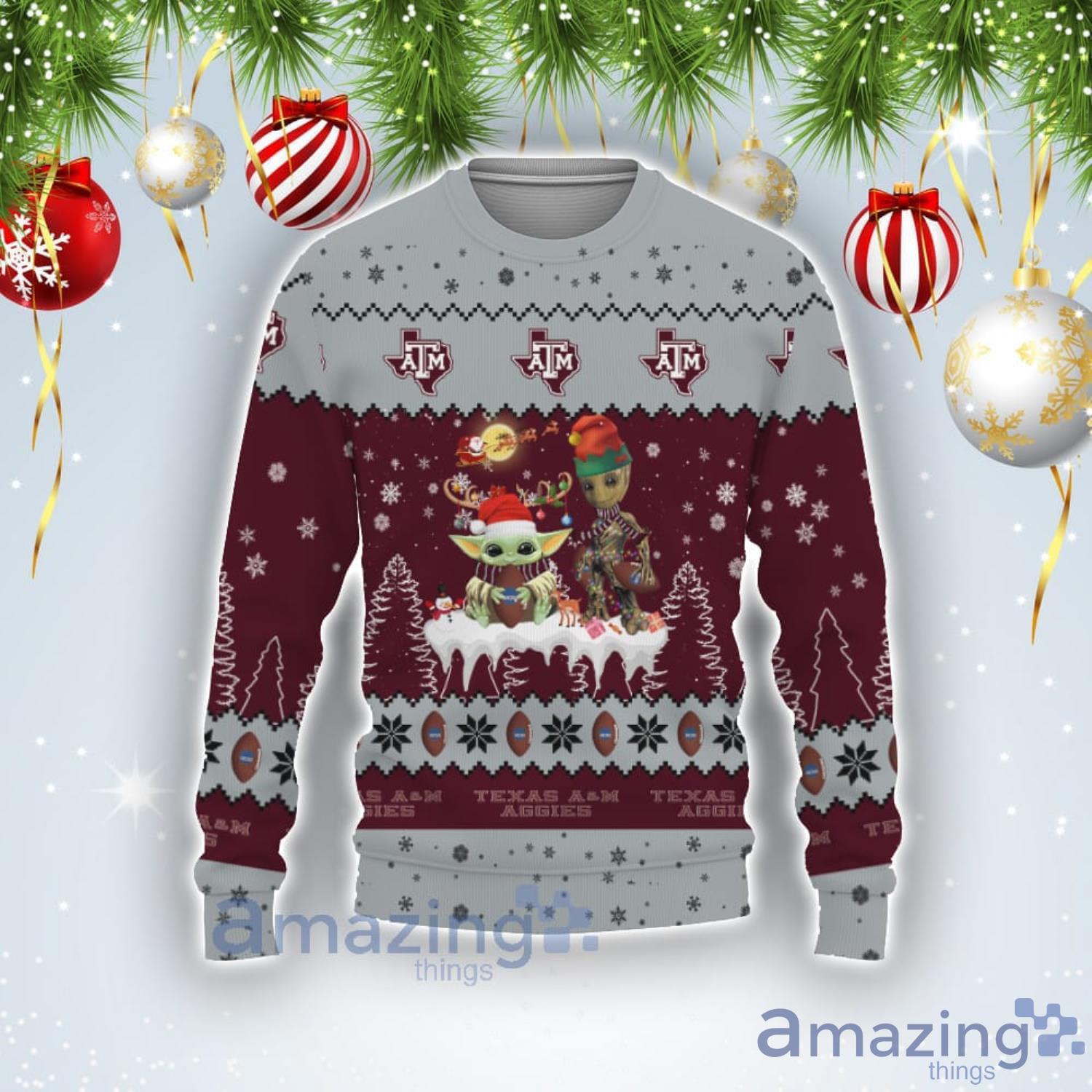 Tis The Season Christmas 2022 Baby Yoda Groot Cute Gift Texas AM Aggies Ugly Christmas Sweater Product Photo 1