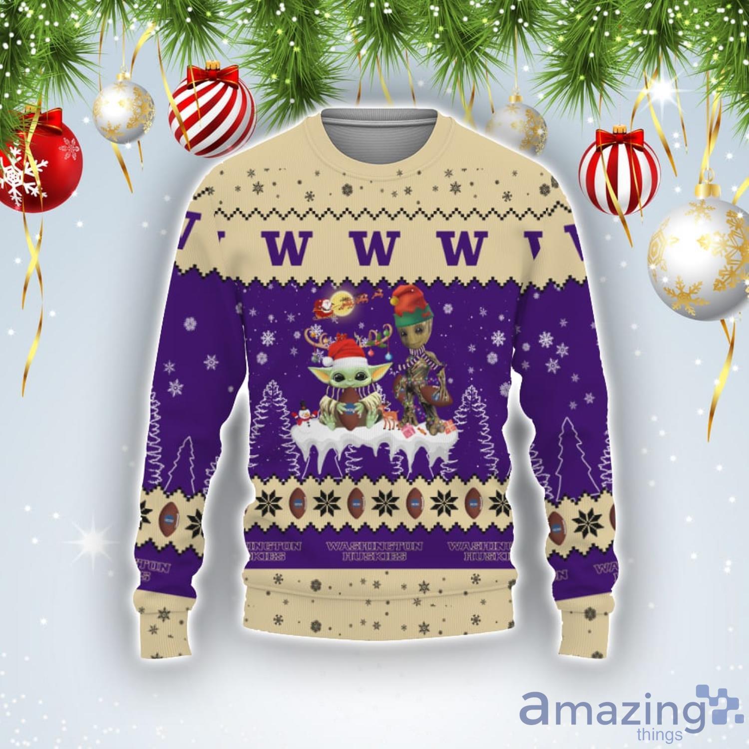 Tis The Season Christmas 2022 Baby Yoda Groot Washington Huskies Ugly Christmas Sweater Product Photo 1