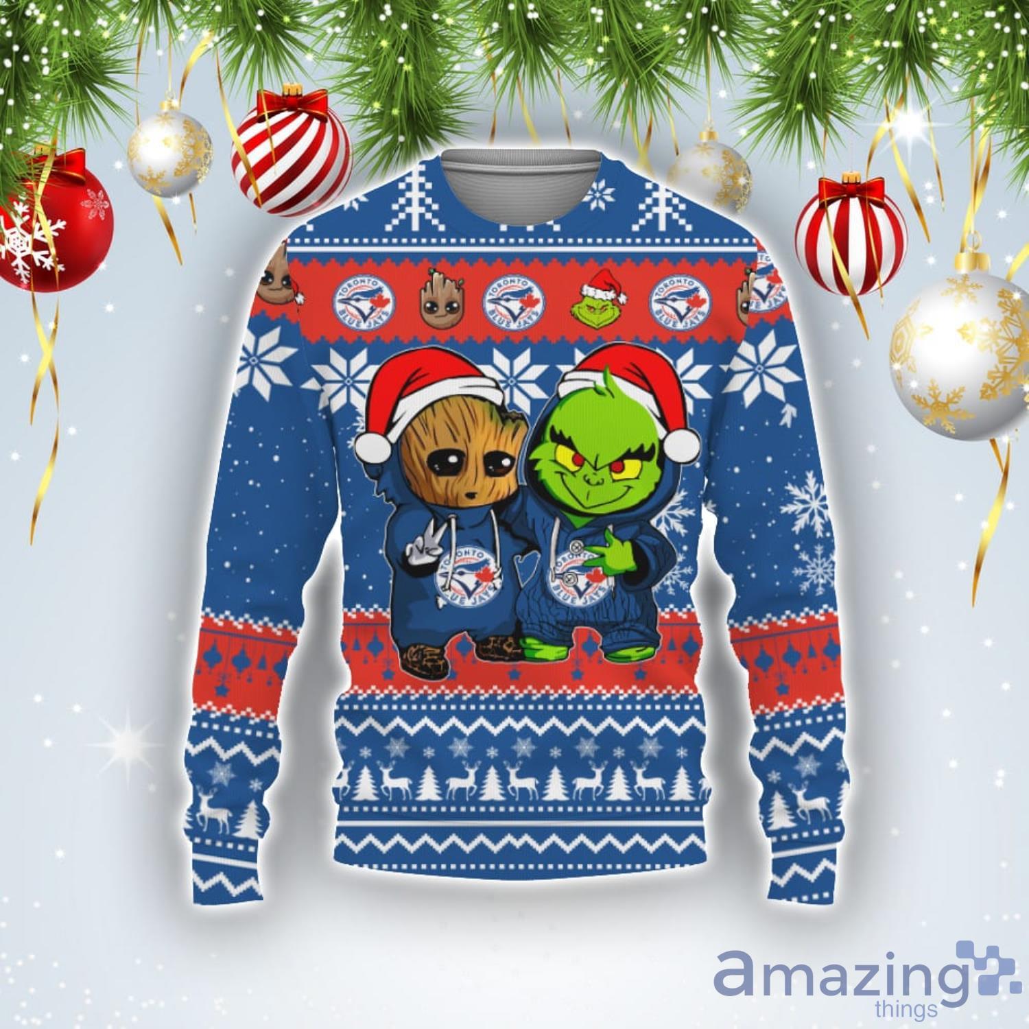 Toronto Blue Jays Baby Groot And Grinch Best Friends Football American Ugly Christmas Sweater Product Photo 1