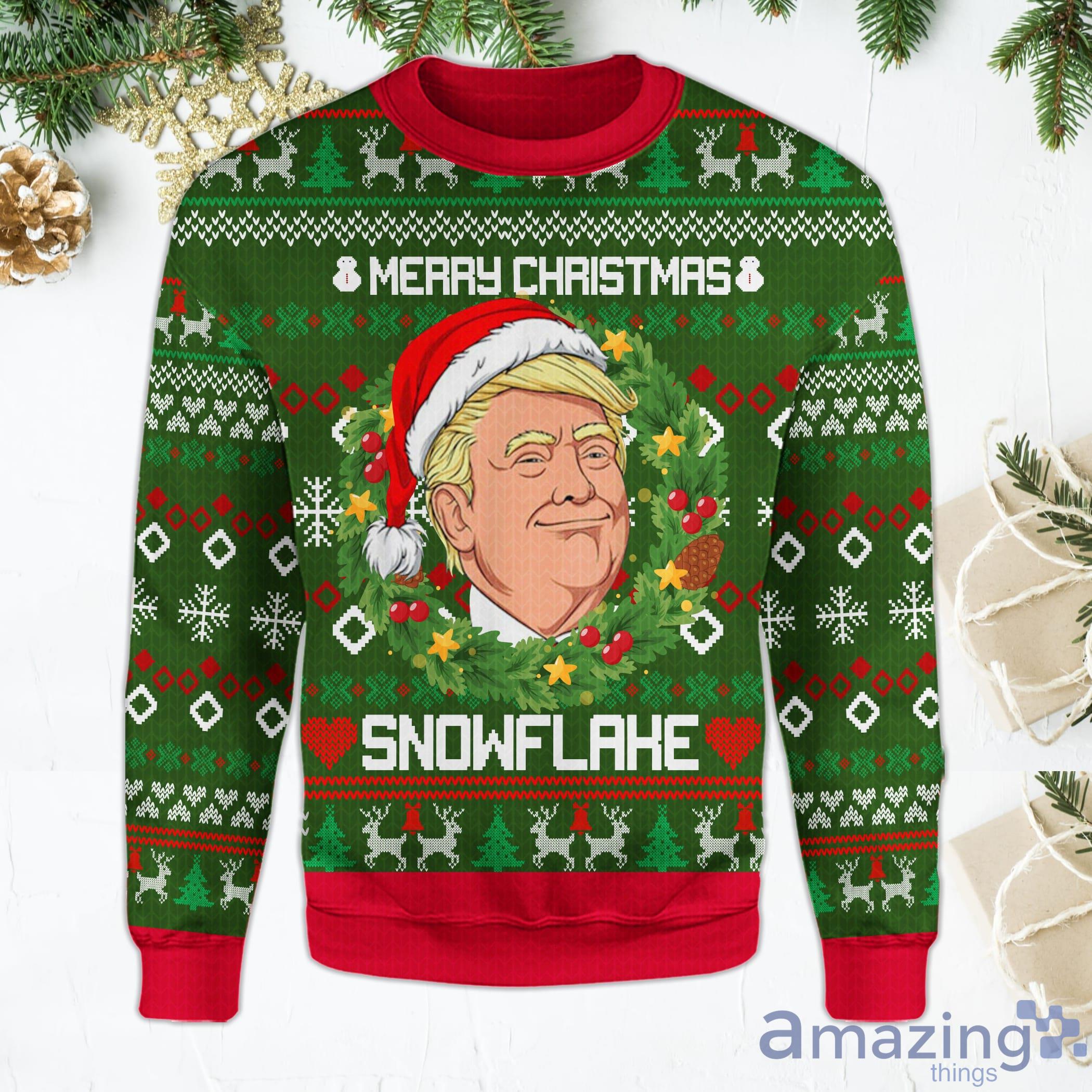 Trump Merry Christmas Snowflake Funny Laurel Wreath Trump Green Ugly Christmas Sweater Product Photo 1