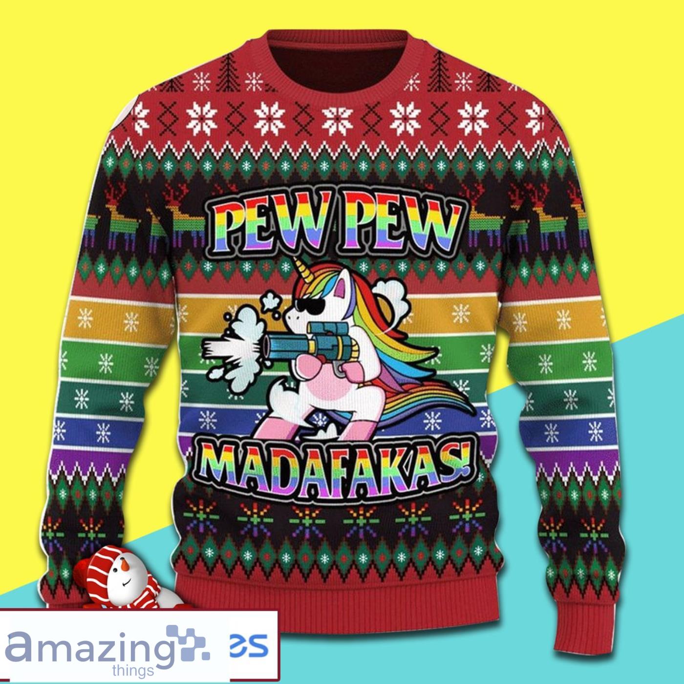 Unicorn LGBT Pew Pew Party Full Print Ugly Christmas Sweater Product Photo 1 Unicorn LGBT Pew Pew Party Full Print Ugly Christmas Sweater Product Photo 1