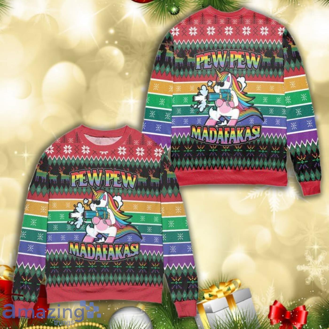 Unicorn Pew Pew Madafakas Knitting Pattern 3D Ugly Christmas Sweater Product Photo 1