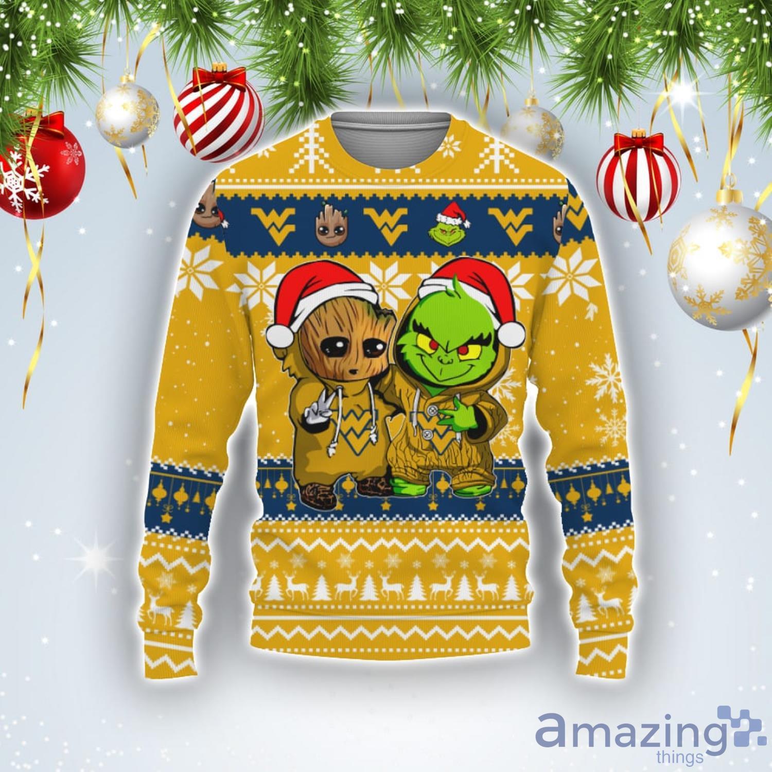 West Virginia Mountaineers Baby Groot And Grinch Best Friends Football American Ugly Christmas Sweater Product Photo 1