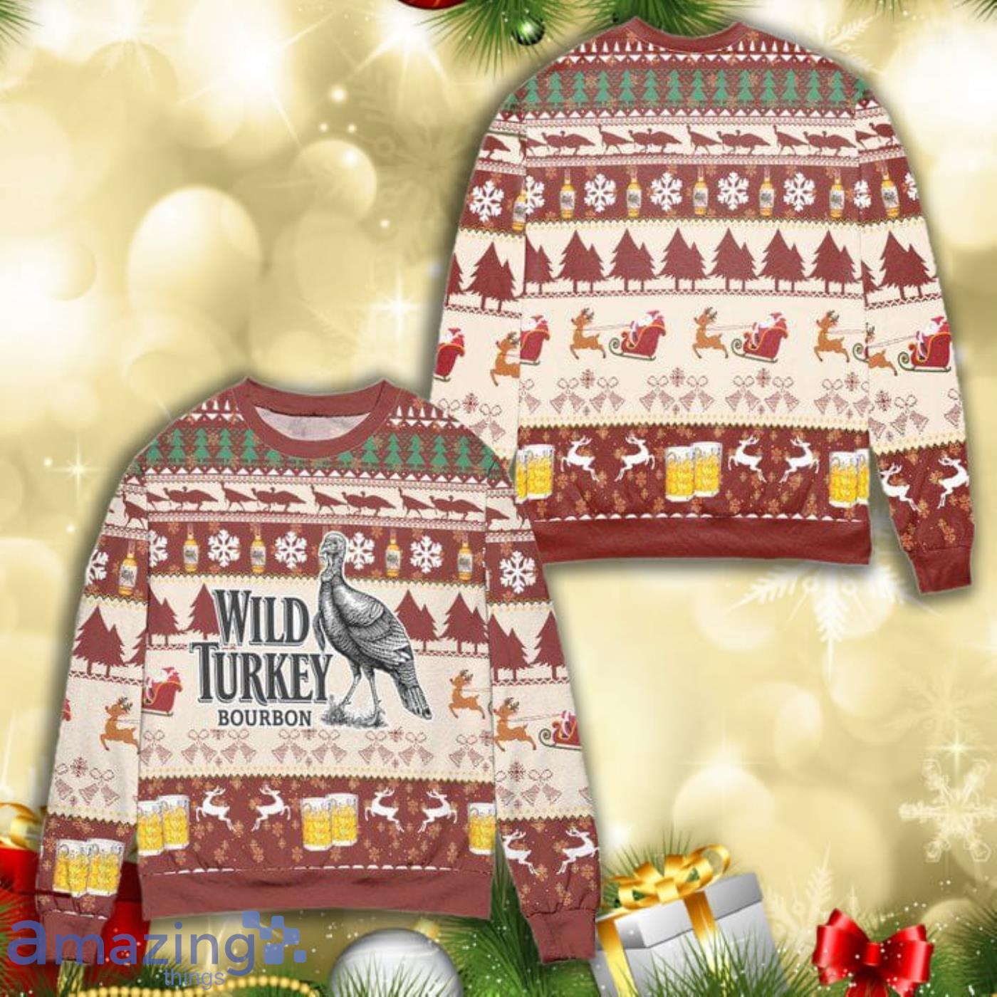 Wild Turkey Bourbon Snowflake Christmas Pattern Full Print Ugly Sweater Product Photo 1
