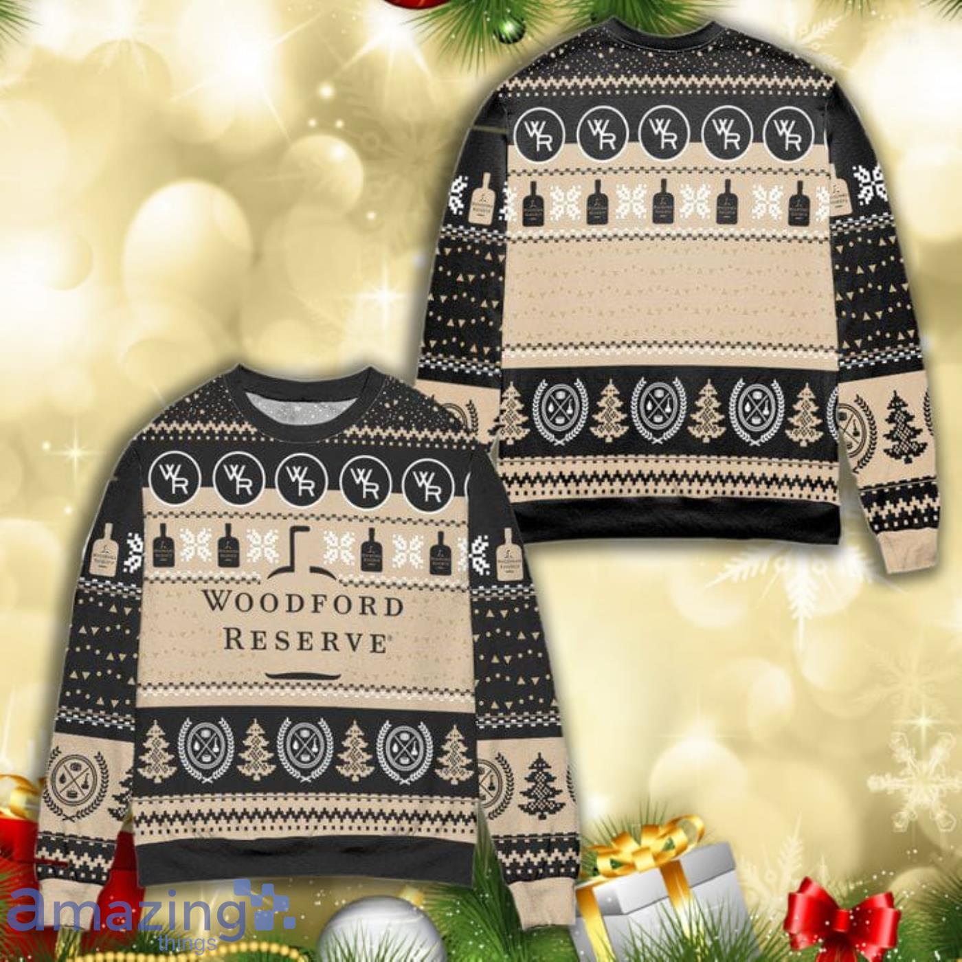 Woodford Reserve Bourbon Snowflake Pine Tree Christmas Pattern Full Print Ugly Sweater Product Photo 1