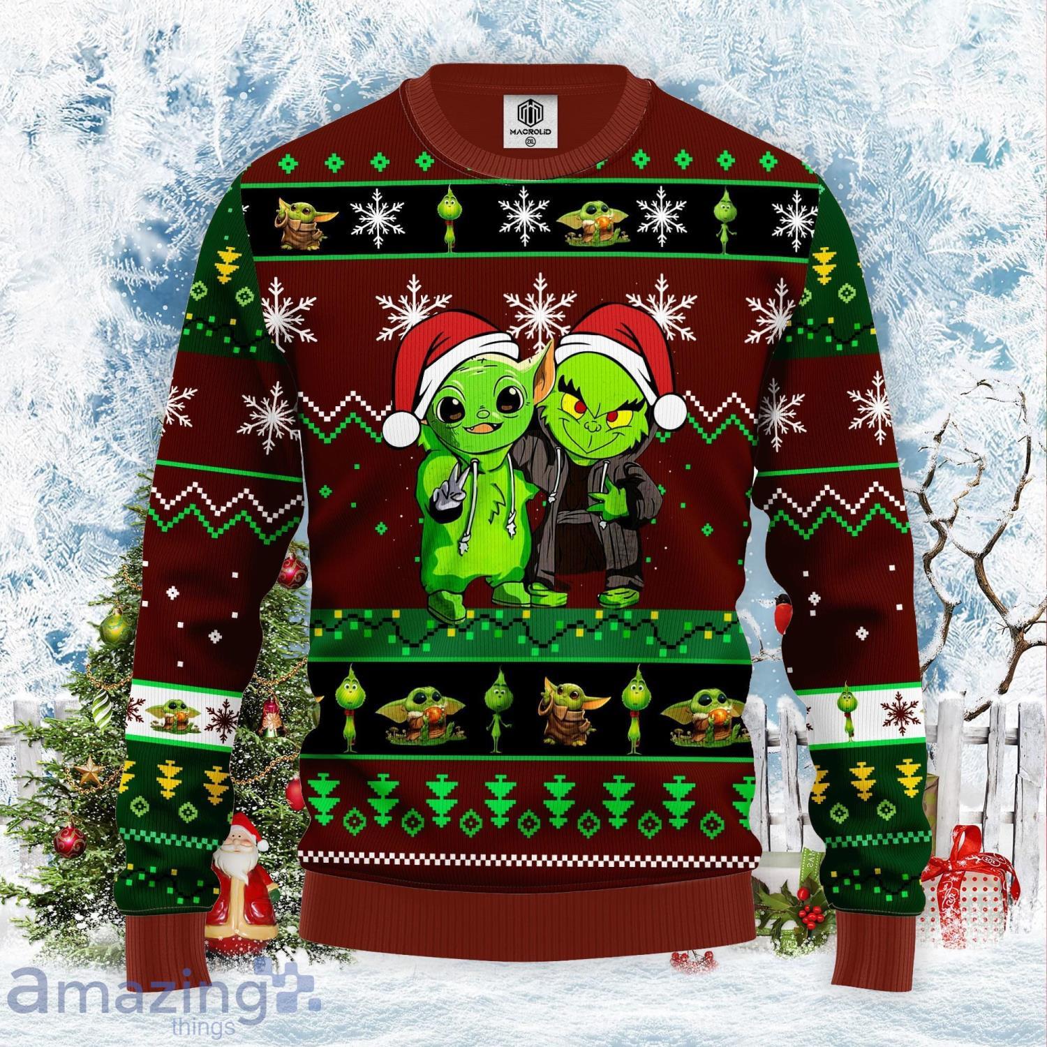 Yoda And Grinch  Brown Green Cute Christmas Gift Ugly Christmas Sweater Product Photo 1