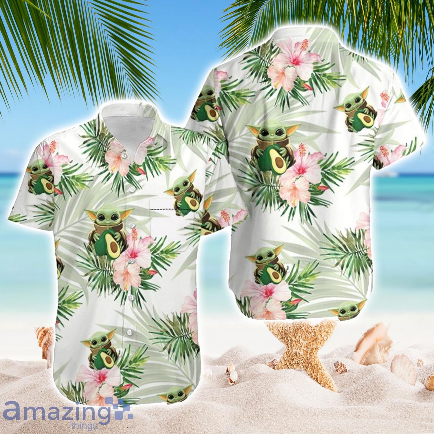 Baby Yoda Hugging Avocadoes Seamless Tropical Colorful Flowers Green Leaves On White Hawaiian Shirt - Baby Yoda Hugging Avocadoes Seamless Tropical Colorful Flowers Green Leaves On White Hawaiian Shirt