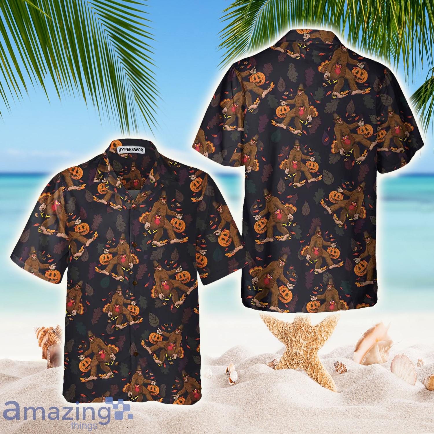 Bigfoot Grabbing Turkey And Pumpkin Hawaiian Shirt - Bigfoot Grabbing Turkey And Pumpkin Hawaiian Shirt