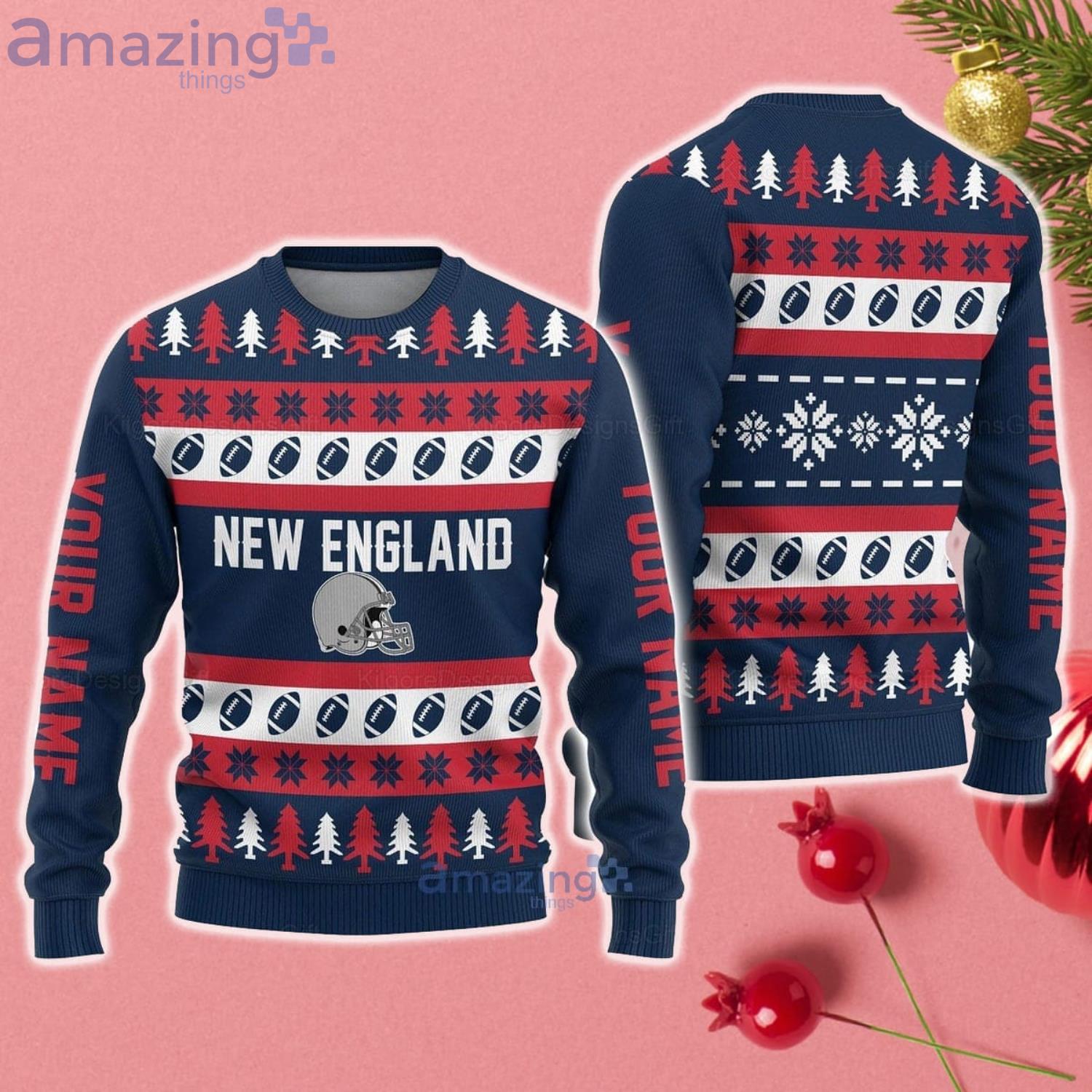 Custom Name New England Christmas Gift Ugly Christmas Sweater For Fans Product Photo 1