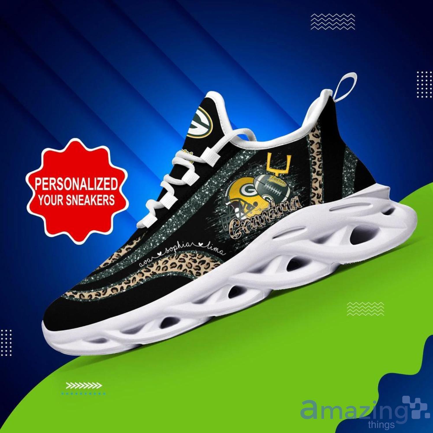 Green Bay Packers NFL Max Soul Shoes Custom Name Grandma Leopard Pattern Product Photo 1