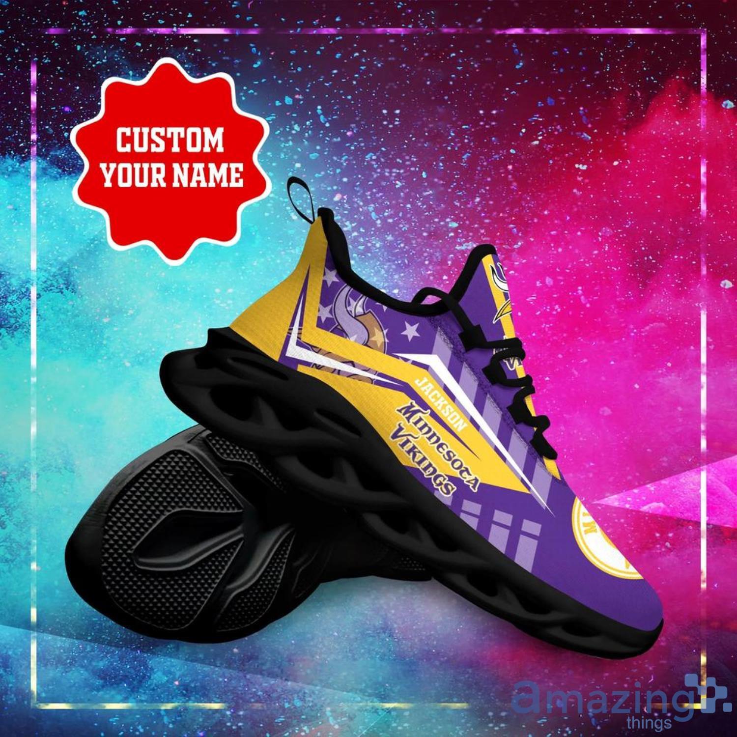 Minnesota Vikings NFL Max Soul Shoes Striped Custom Name Sneakers image Minnesota Vikings NFL Max Soul Shoes Striped Custom Name Sneakers Product Photo 2