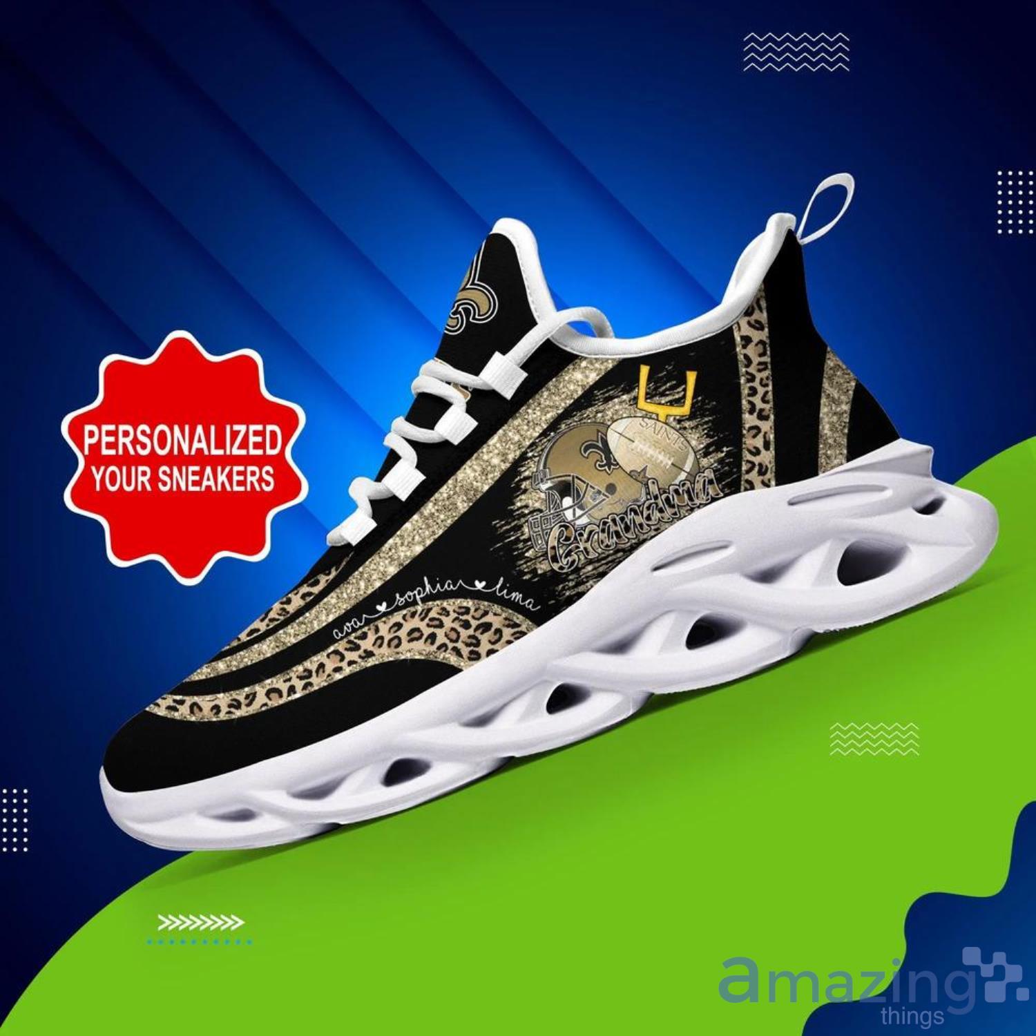 New Orleans Saints NFL Max Soul Shoes Custom Name Grandma Leopard Pattern Product Photo 1