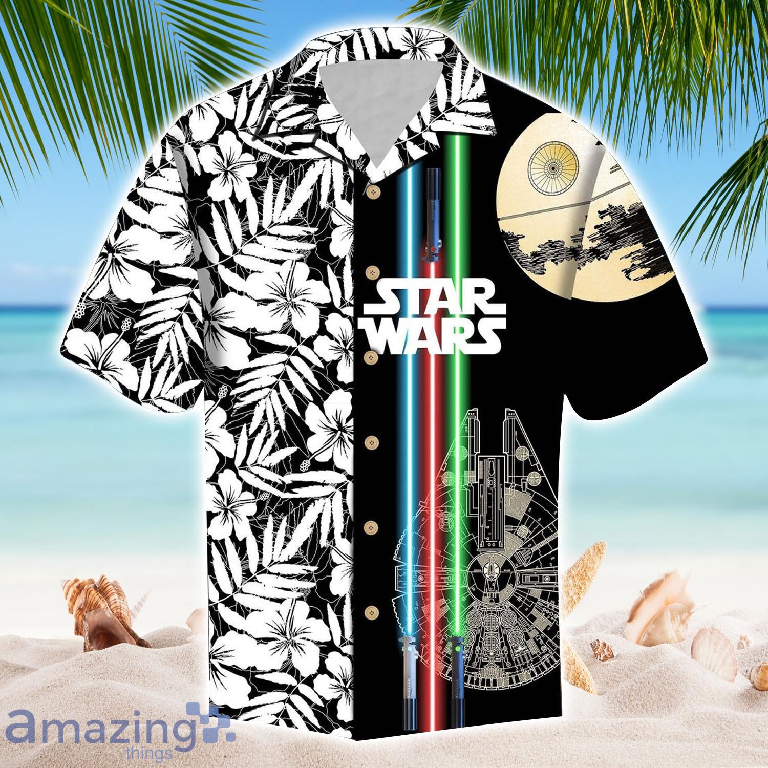 Star Wars Millennium Falcon Death Star Light Saber Tropical Black Hawaii Aloha Shirt - Star Wars Millennium Falcon Death Star Light Saber Tropical Black Hawaii Aloha Shirt