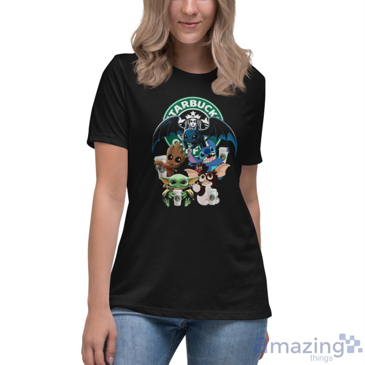 Starbucks Baby Yoda Groot Stitch Toothless and Gremlins shirt image Starbucks Baby Yoda Groot Stitch Toothless and Gremlins shirt - Womens Relaxed Short Sleeve Jersey Tee