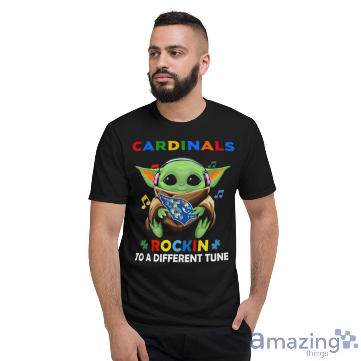 Baby Yoda Hug Arizona Cardinals Autism Rockin To A Different Tune Shirt - Short Sleeve T-Shirt