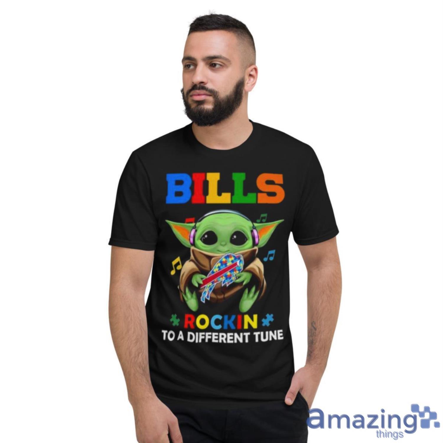 Baby Yoda Hug Buffalo Bills Autism Rockin To A Different Tune Shirt - Short Sleeve T-Shirt
