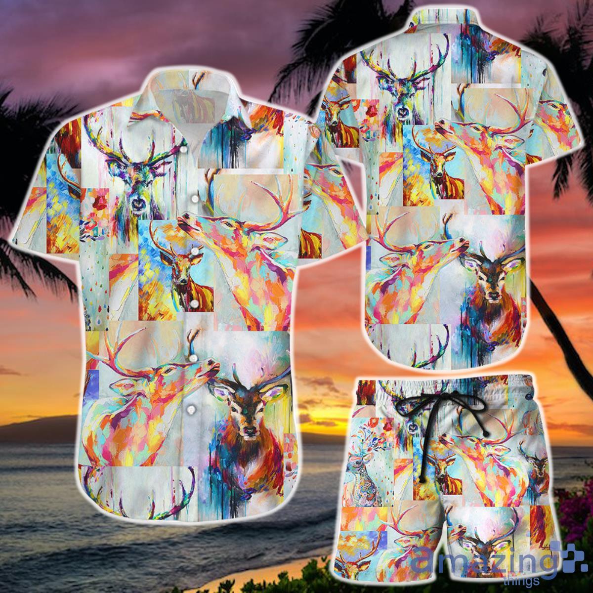 Deer Hawaiian Shirt And Short Deer Oil Painting Colorful Button Down Shirts Deer Gifts For Deer Lovers Product Photo 1