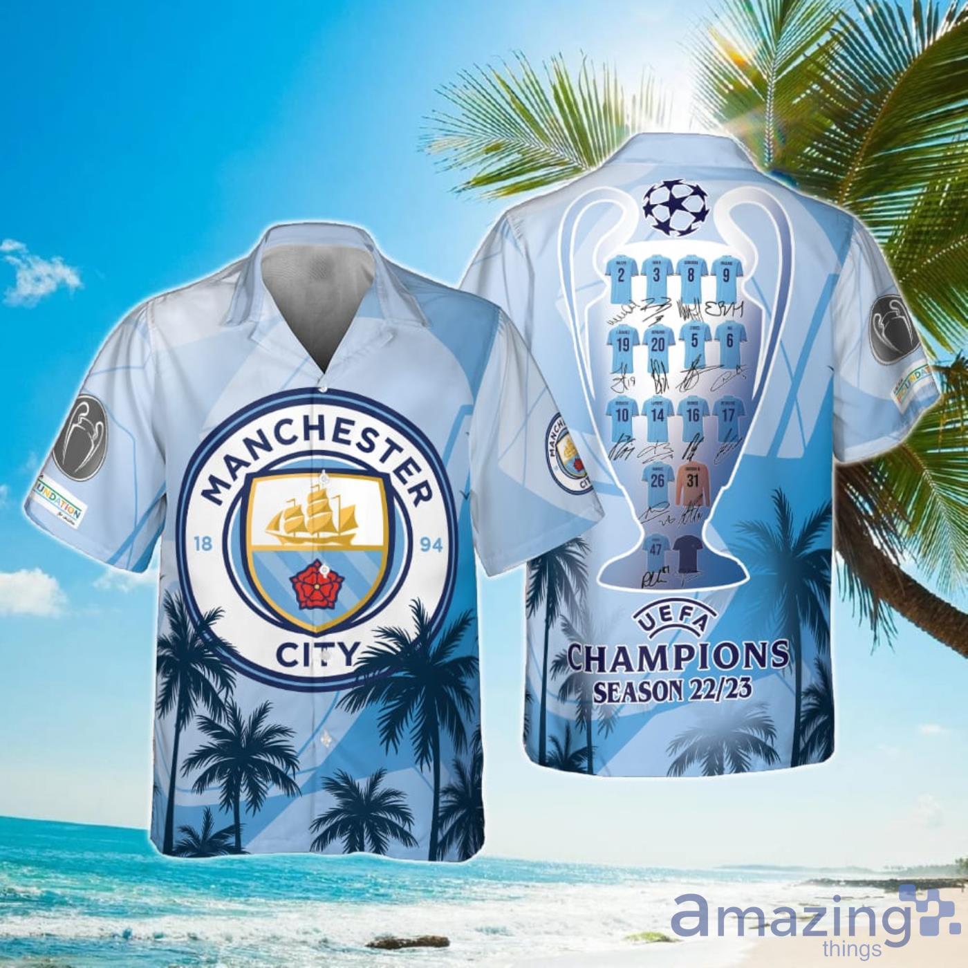 Manchester City Uefa Champion League Tropical Pattern Print Hawaiian Shirt Product Photo 1