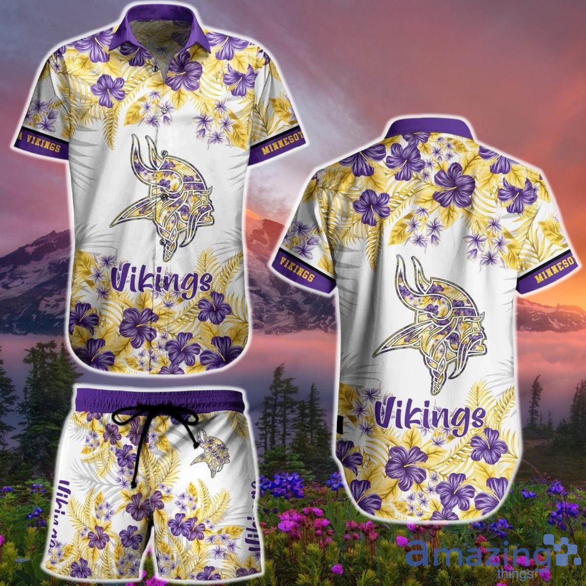 Minnesota Vikings NFL Hawaiian  Shirt And Short Graphic Flower Tropical Pattern Summer Product Photo 1