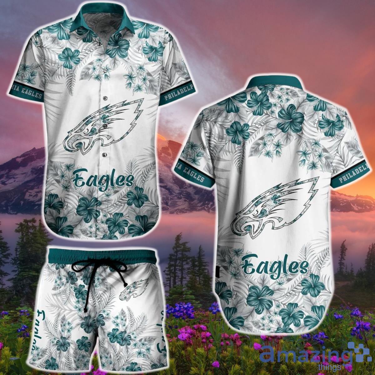 Philadelphia Eagles NFL Hawaiian  Shirt And Short Graphic Flower Tropical Pattern Summer Product Photo 1