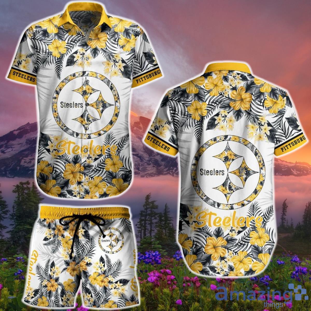 Pittsburgh Steelers NFL Hawaiian  Shirt And Short Graphic Flower Tropical Pattern Summer Product Photo 1