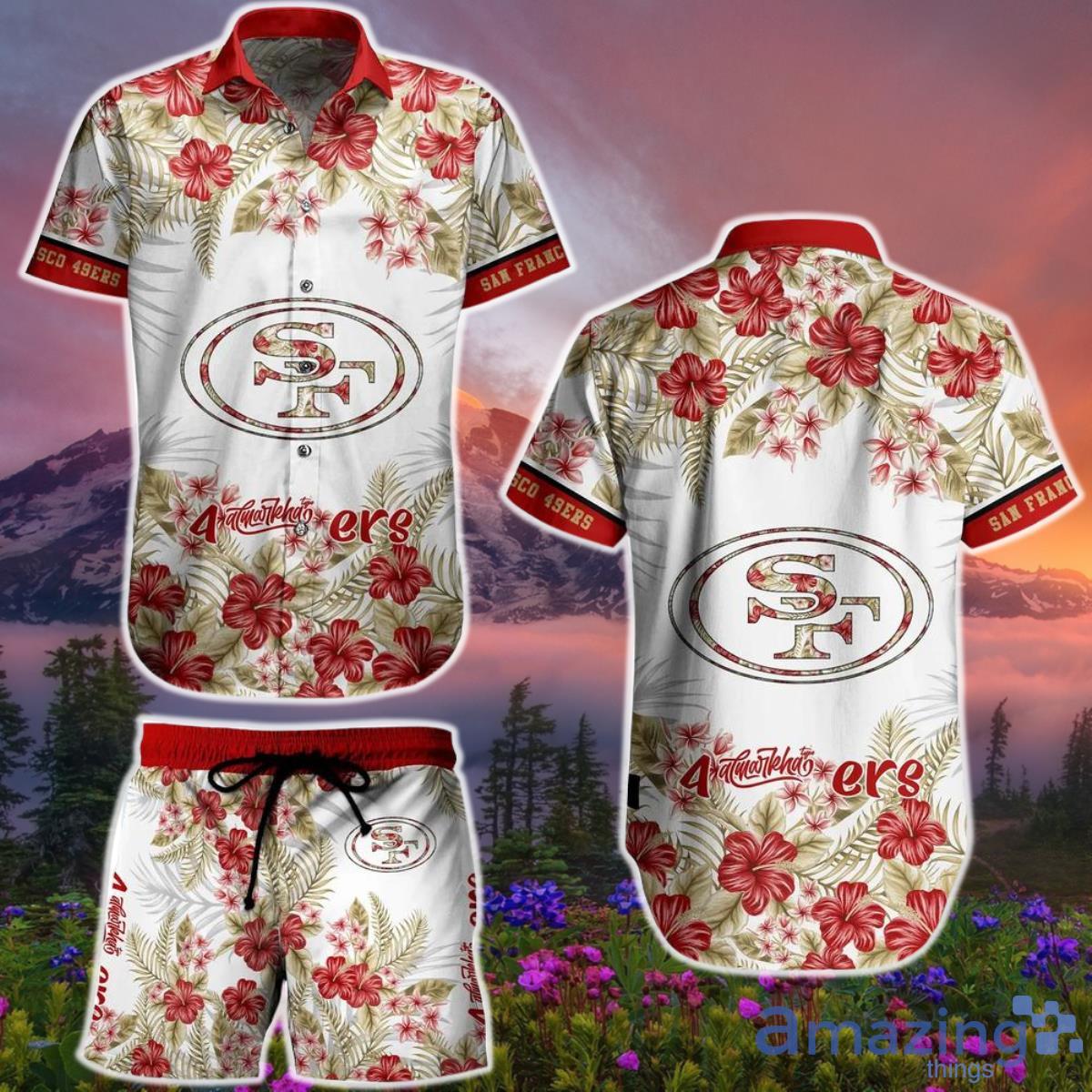 San Francisco 49ers NFL Hawaiian  Shirt And Short Graphic Flower Tropical Pattern Summer Product Photo 1