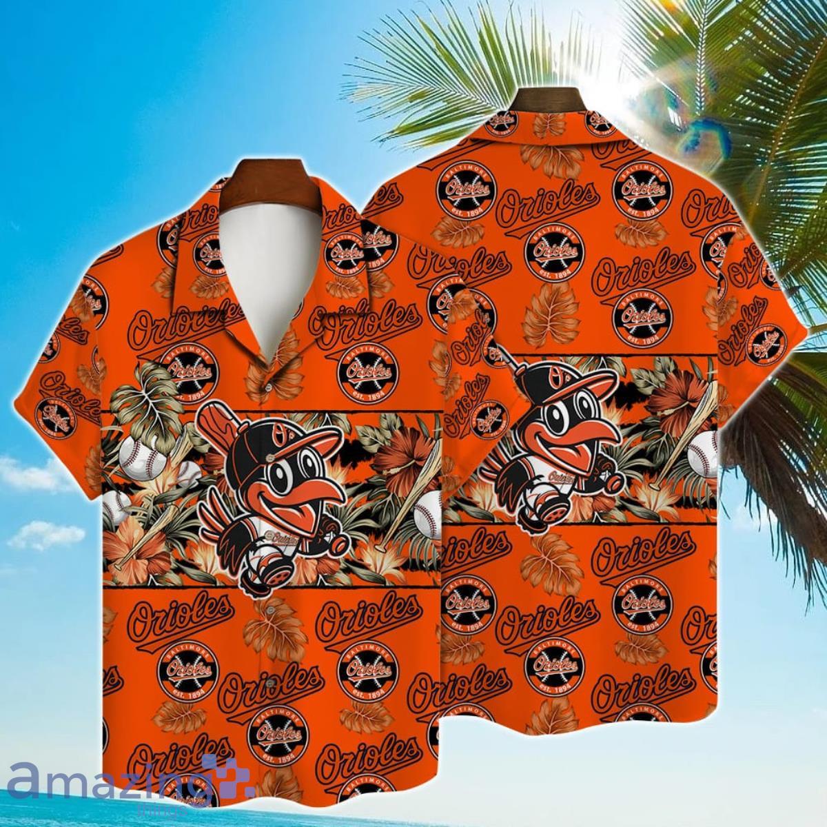 Baltimore Orioles Mascot And Leaves Tropical Pattern Hawaiian Shirt For Fans Product Photo 1