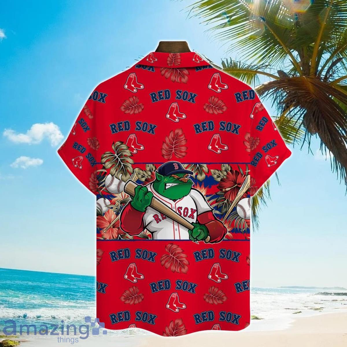 Boston Red Sox Mascot And Leaves Tropical Pattern Hawaiian Shirt For Fans